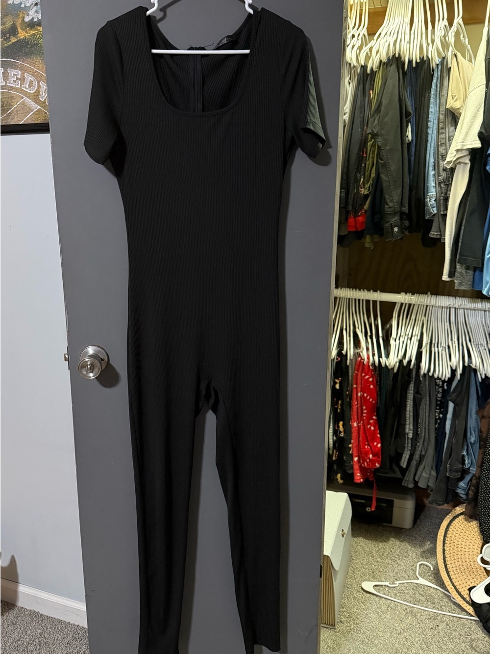 Women's Black Short-Sleeve Scoop-Neck Ribbed Jumpsuit